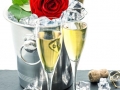 two glasses, bottle of champagne and red rose flower