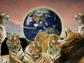 Creative concept image of wild cats protecting the planet Earth