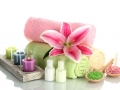 towels with lily, aroma oil,  candles and sea salt isolated